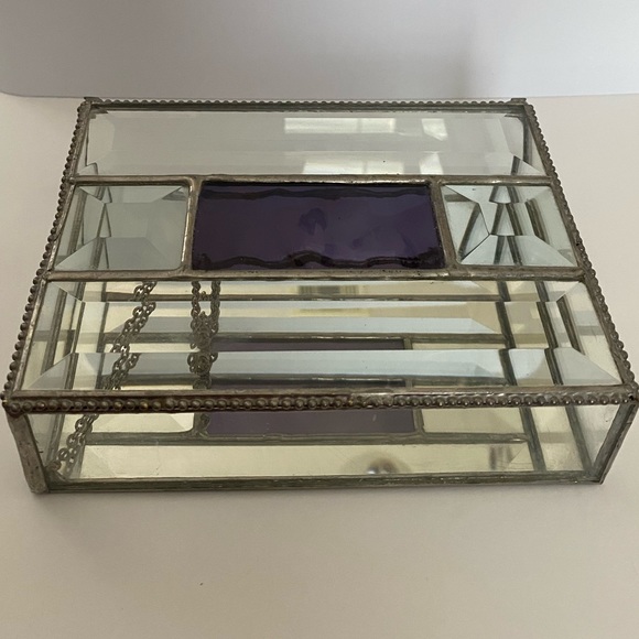 Vintage Jewelry Trinket Box Purple Stain Glass Clear Beveled Mirror Chain Hinged - Picture 11 of 12